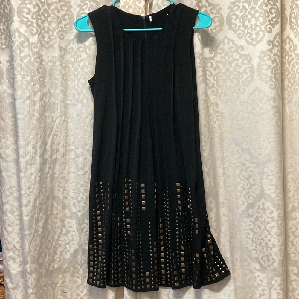 Calvin Klein Black Pleated Dress with Geometric Brass Decorations